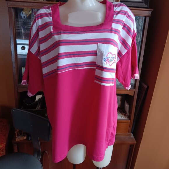 44/24W Vintage 90's Padded T-shirt Pink Striped Square Neck Embroidered Pocket - Picture 1 of 8